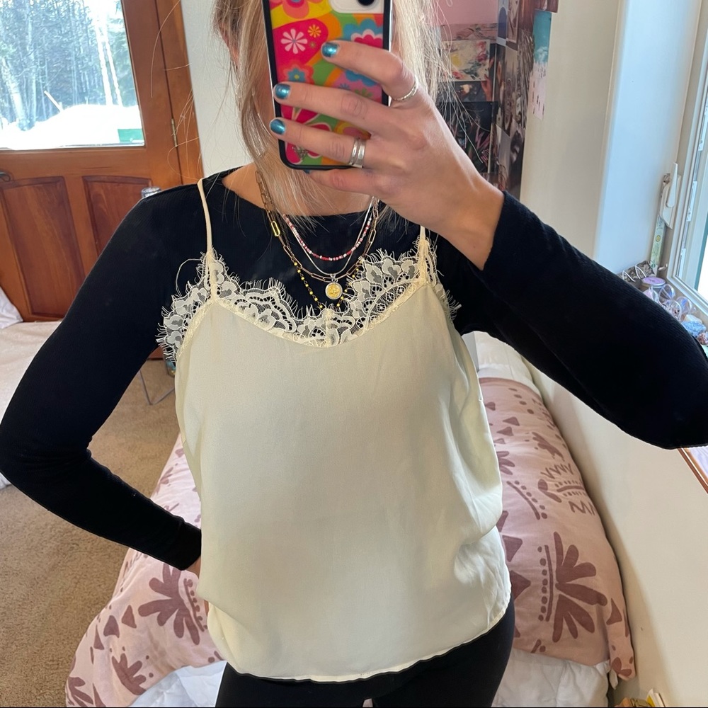 Boohoo cream satin lace detail tank top in size 8